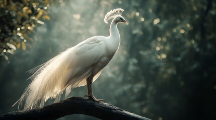 Majestic White Peacock Perched on a Branch in a Forest