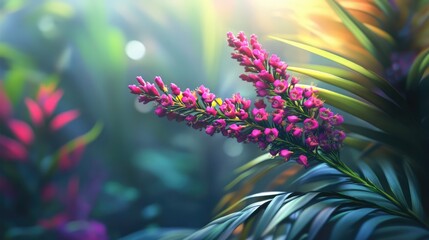 Obraz premium Vibrant false heather plant with tropical flowers amidst lush greenery in a colorful garden setting.