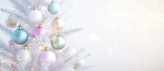 Pastel Ornaments on a White Christmas Tree with Blurred Background Perfect for Holiday Decor and Seasonal Celebrations