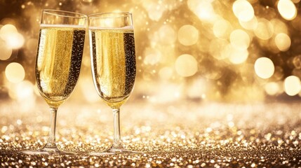 Two Champagne Flutes Toast to Celebration, Sparkling Golden Lights Background