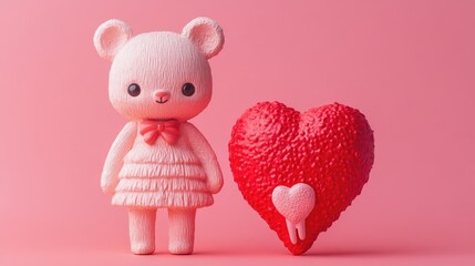 Obraz premium Cute pink bear doll with a red textured heart on a soft pink background ideal for valentine's or children's themed designs and promotions.