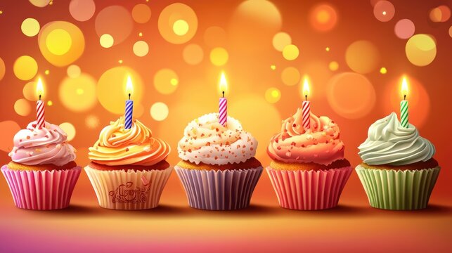 Colorful birthday cupcakes with burning candles on a vibrant background celebrating joyful occasions and sweet moments.