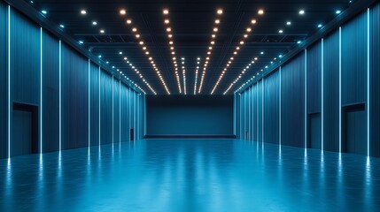 Fototapeta premium Empty modern hall with blue lighting, stage, and sleek dark walls.