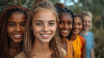 Fototapeta premium A portrait of diverse young friends represents youth, community, solidarity, and unity in nature, showcasing happiness, inclusion, and smiles.