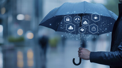 modern umbrella with digital icons representing insurance and protection, symbolizing security in uncertain times. rainy urban setting enhances theme of safety