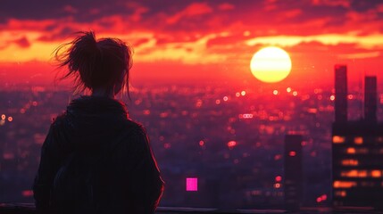 Fototapeta premium Woman watching a vibrant sunset over the city skyline with warm backlight creating a serene and contemplative atmosphere.