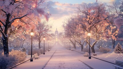 A scenic winter wonderland with trees covered in snow, and soft twilight light