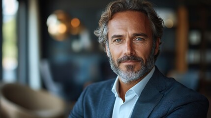 Fototapeta premium A professional and mature businessman poses in a corporate office, representing a finance agency manager, senior entrepreneur, or CEO with confident development.