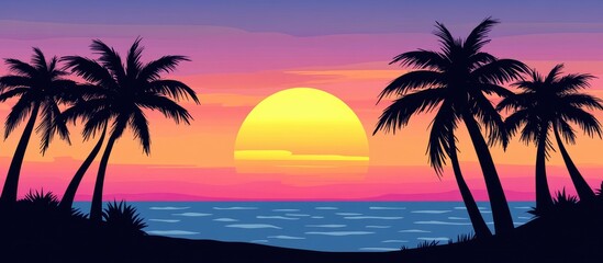 Tropical sunrise with silhouettes of coconut palm trees against a vibrant ocean background illuminating the horizon