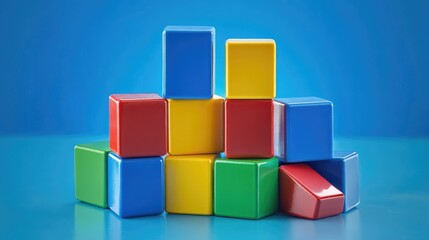 Obraz premium Colorful plastic building blocks arranged creatively against a blue background symbolizing creativity and childhood development.