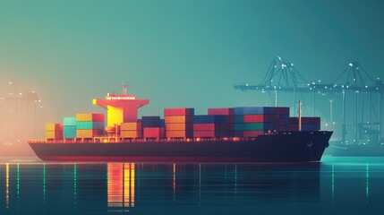 Obraz premium Cargo container ship navigating port waters at dawn highlighting smart logistics and maritime trade industry concepts