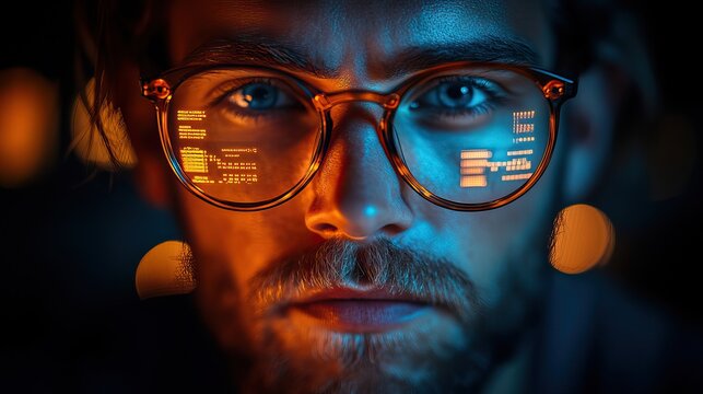 A programmer with glasses working online represents futuristic technology, coding, and virtual server connections.