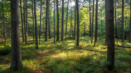 Naklejka premium Serene Forest Clearing: Sunlight Dappled Path, Tranquil Nature Scene, Peaceful Woods, Green Canopy
