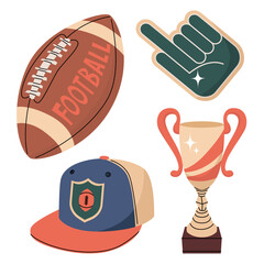 American football paraphernalia. Team fan items. Stadium match. Sports equipment. Vector illustration isolated on transparent background.