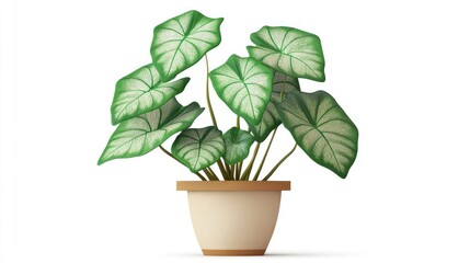 Caladium plant in a decorative pot showcasing lush green leaves with striking venation and vibrant colors for indoor decor.