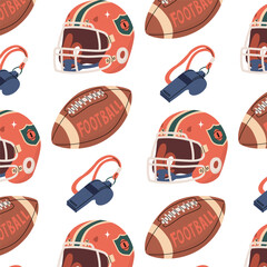 Endless seamless pattern for american football. Image of whistle, ball and helmet. Sports equipment. Vector illustration isolated on transparent background.