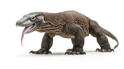 Fototapeta premium Komodo Dragon figure with tongue out, realistic details and pose, isolated on white background for nature and wildlife themes
