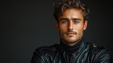 Fototapeta premium A relaxed man in a stylish leather jacket poses in a studio, representing a creative worker in a trendy company.