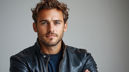 Obraz premium A relaxed man in a stylish leather jacket poses in a studio, representing a creative worker in a trendy company.