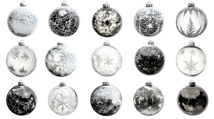 Twelve elegant Christmas ornaments in black and white with snowflake and snow designs.  Perfect for festive decor.
