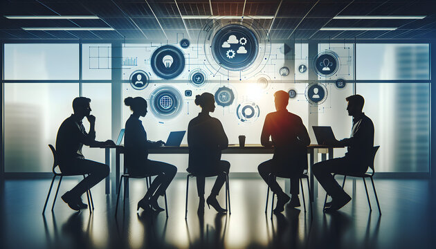 Silhouetted Team Collaborating on Innovative Project with Floating Icons in Modern Office