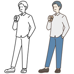 コーヒーを手に持って立つ男性
