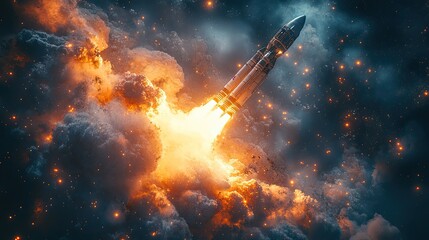 A rocket with fire and smoke launches a spacecraft, representing space or satellite exploration, scientific research, and futuristic discovery with a blast.