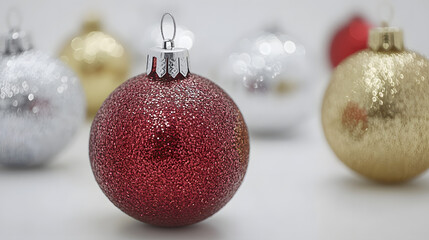 Close-up of a red glitter Christmas bauble, in focus, with other blurred ornaments in the background.  Festive and sparkly, perfect for holiday greetings.