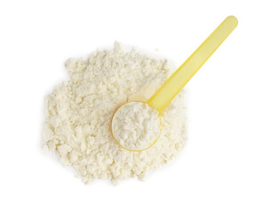 Yellow plastic scoop with collagen powder on white background