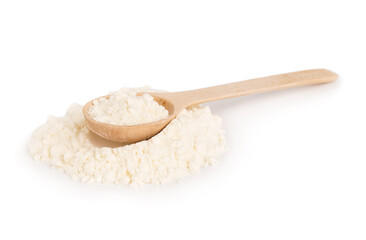 Wooden spoon with collagen powder on white background