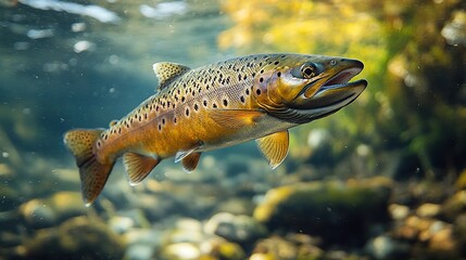 Naklejka premium A salmon swims gracefully through a river, showcasing the beauty of nature and wildlife.