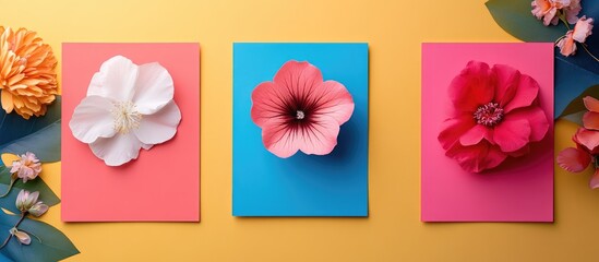 Naklejka premium Colorful blank cards adorned with vibrant floral designs on a bright background for invitations or greeting cards inspiration.