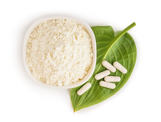 Bowl with collagen powder, pills and leaf on white background