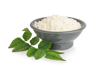 Bowl with collagen powder, pills and leaves on white background