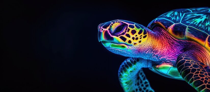 Neon Colored Turtle with Copy Space for Text on Black Background Celebrating World Turtle Day in a Creative and Vibrant Style
