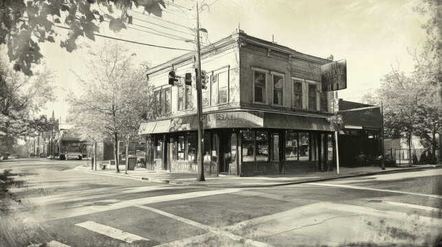 Fototapeta Nostalgic City Corner: Vintage Black and White Street Scene