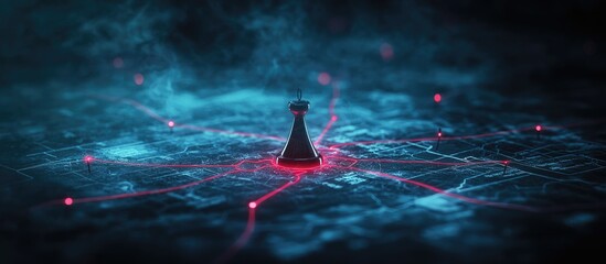 Investigation board featuring a crime scene map with linked evidence and deductive reasoning concept in a dark atmospheric setting