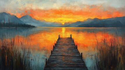 Fototapeta premium Serene sunset over a lake with a wooden pier.