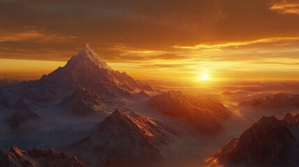 Naklejka premium Majestic golden hour sunset illuminating mountain peaks with warm light and serene atmosphere in a breathtaking landscape scene.