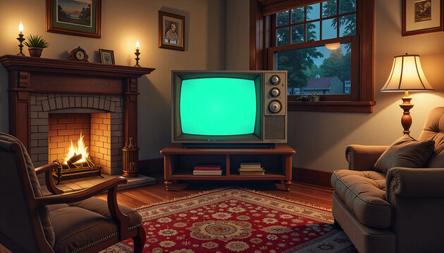 Cozy living room with a vintage television and fireplace during evening hours
