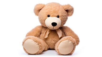 Obraz premium Teddy bear plush toy sitting against a clean white backdrop exuding warmth and nostalgia perfect for children's themes or comfort products