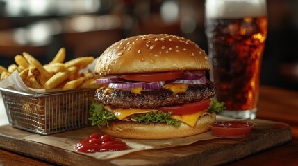 American Cheeseburger with Fries, Detailed Food Photography in Cozy Dining Atmosphere for Promotional Use