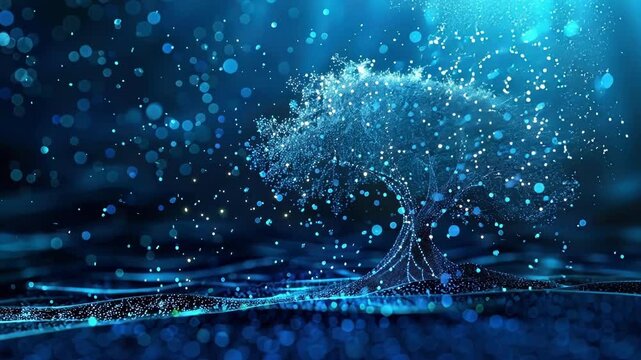 Big data tree growing from digital landscape with flowing particles, representing data analysis, machine learning, and artificial intelligence in a futuristic blue background