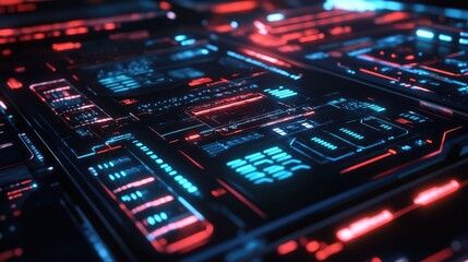 Obraz premium Futuristic digital interface with glowing servers and technology data visualization in a cybernetic environment