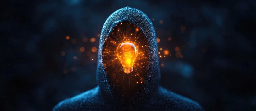 Cybersecurity concept featuring a hooded figure with a glowing lightbulb in place of the head symbolizing vigilance against digital threats.