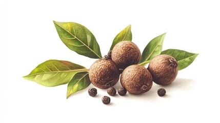 Allspice fruit and leaves arranged artistically on a white background showcasing natural textures and colors for culinary concepts