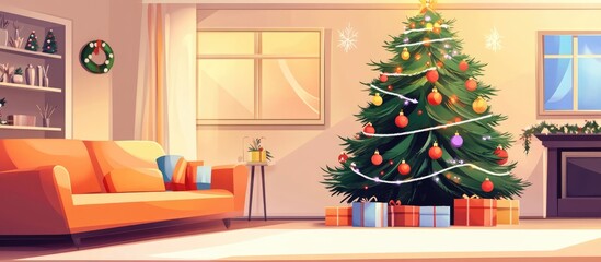 Modern living room decorated for Christmas featuring a vibrant tree, colorful ornaments, and a cozy atmosphere with presents underneath.