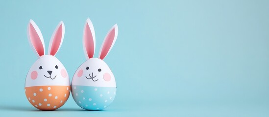 Obraz premium Easter Bunnies Decorated Eggs on Turquoise Background Creative DIY Concept with Space for Text