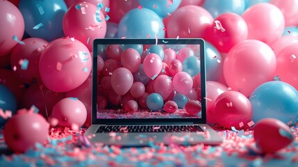 Festive laptop surrounded by colorful balloons and confetti--perfect for celebrating special occasions with copy space.