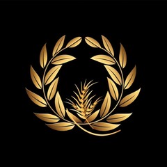 A golden emblem of leaves and wheat, a vector graphic on black background